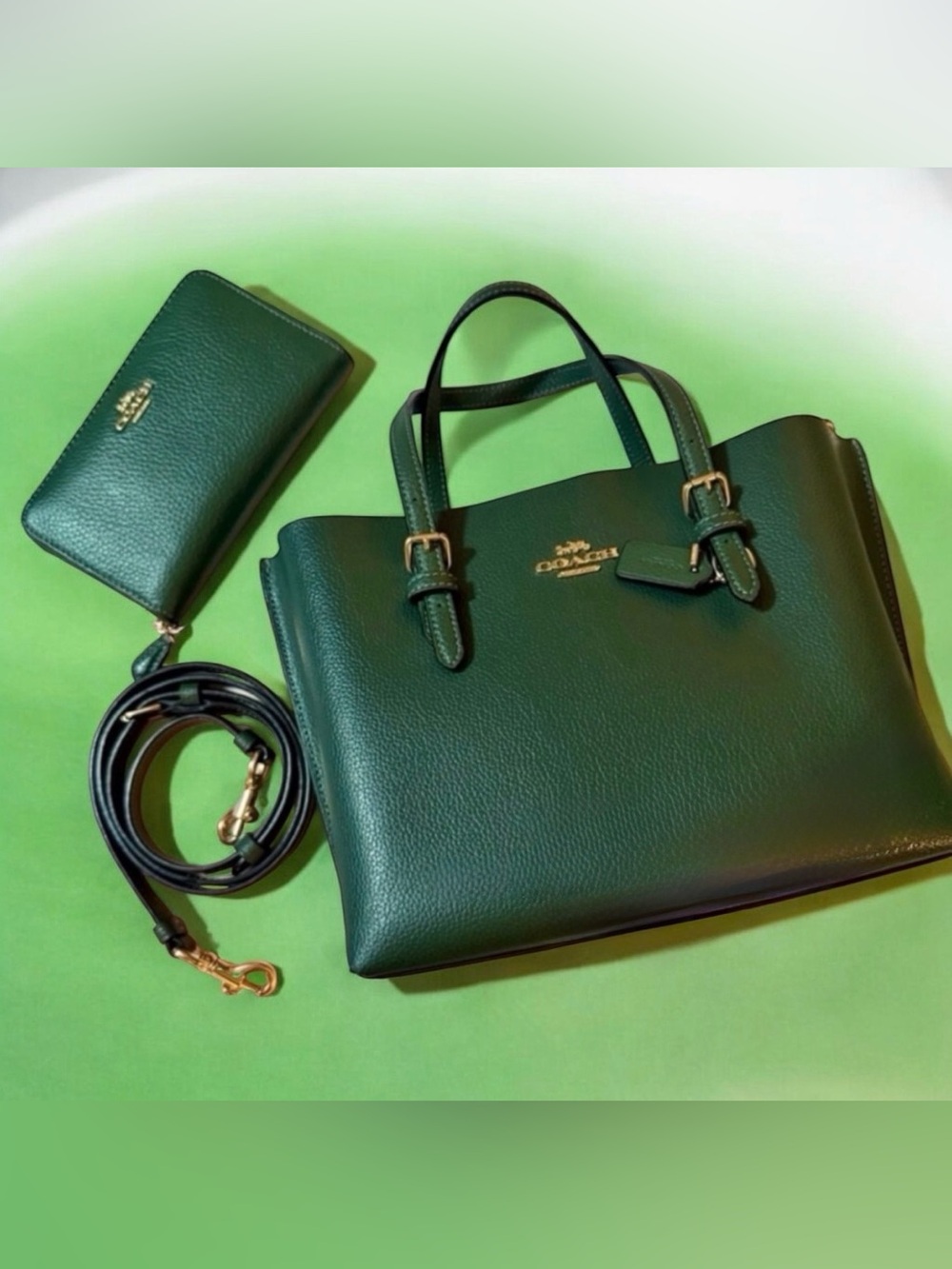 Coach Mollie Tote 25 Bag in Everglades Green & Leather Coach ID Zip Wallet.